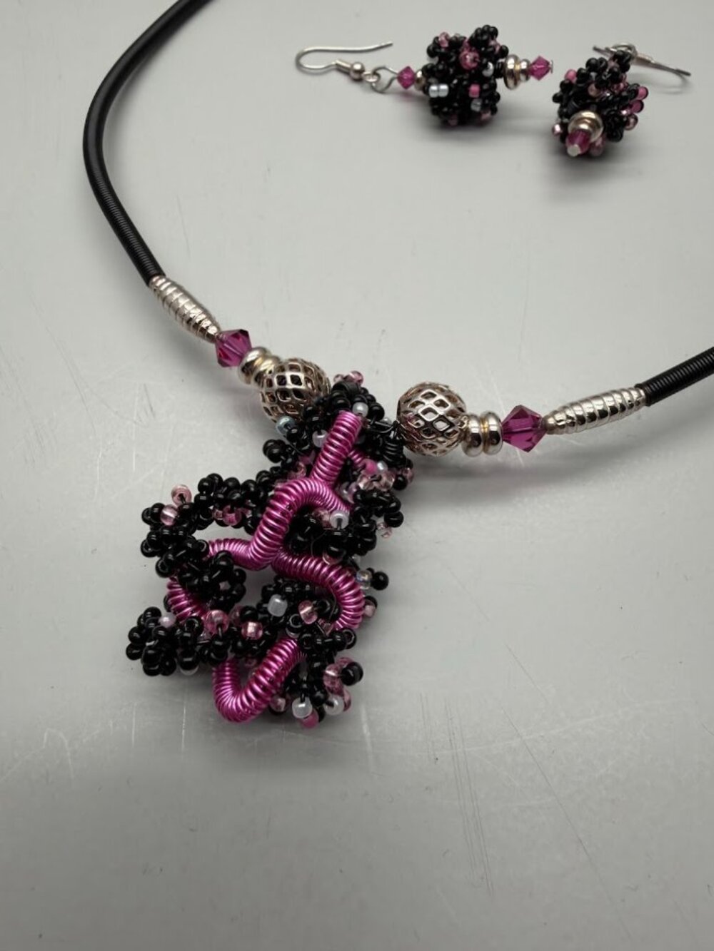 Handmade Beaded Necklace & Earring Set - Black & Pink Beadwork Silver Filigree